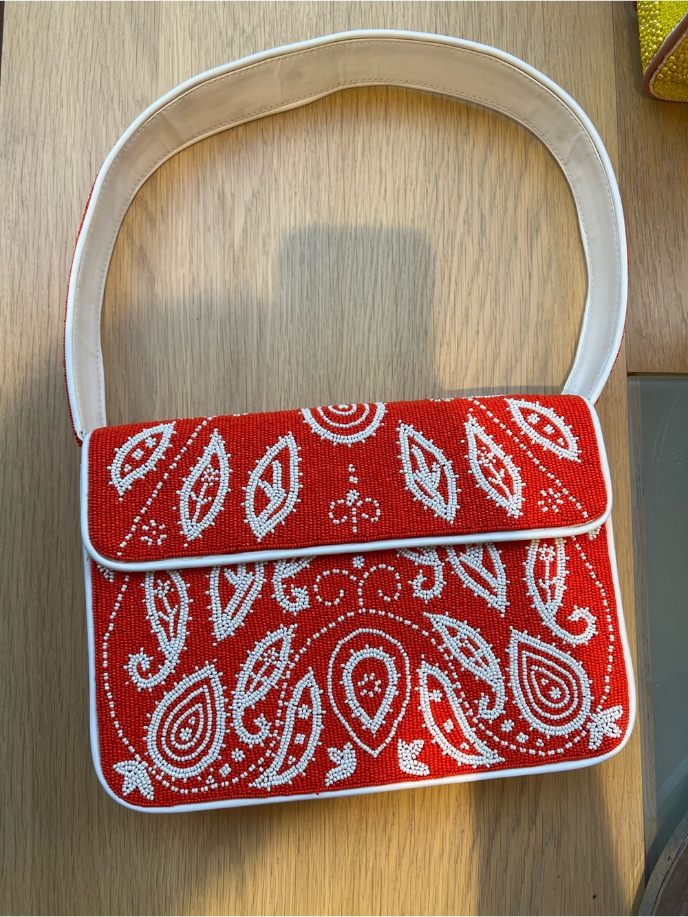 Red Beaded Paisley Shoulder Bag - White Trim